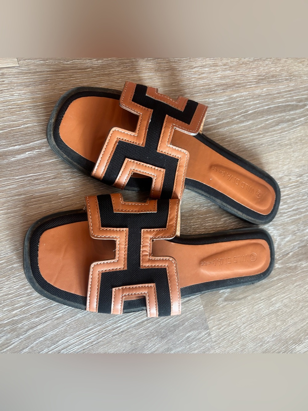 Wild Diva Tan and Black Geometric Slide Sandals